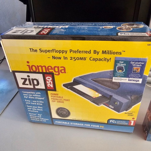 Iomega Zip 250 External Parallel Port Drive and 4 Pack Zip Disks brand new