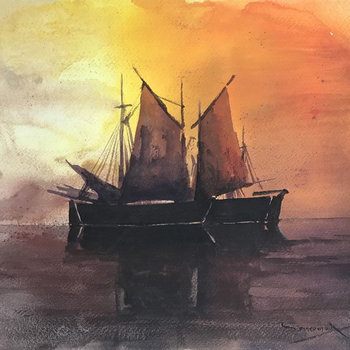 Piperopoulos painting new, authentic watercolor on cardboard 25x30