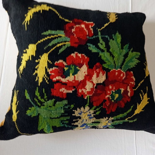 Vintage decorative sofa pillow with handmade embroidery and buttons used