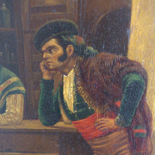 Antique Spanish Tavern Scene Oil Painting on Wooden Panel used
