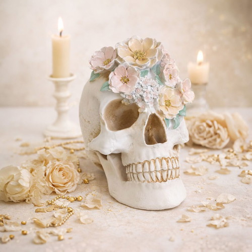 Decorative Gothic Skull new with vintage flowers made of polyresin