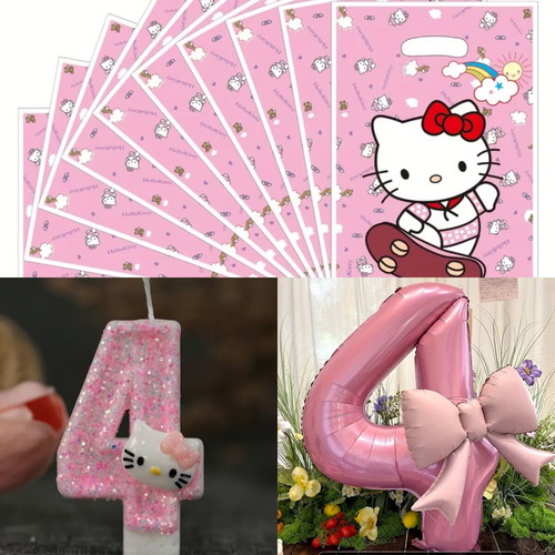Hello Kitty party items for 4 years old, new, 20 party favour bags, candle, 101.6 cm balloon