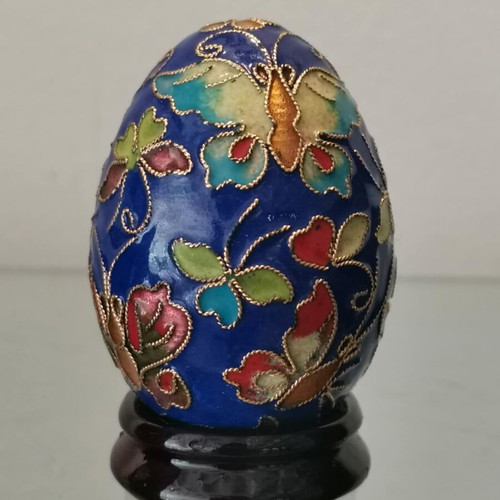 Cloisonne egg used, vintage blue with butterflies on wooden base
