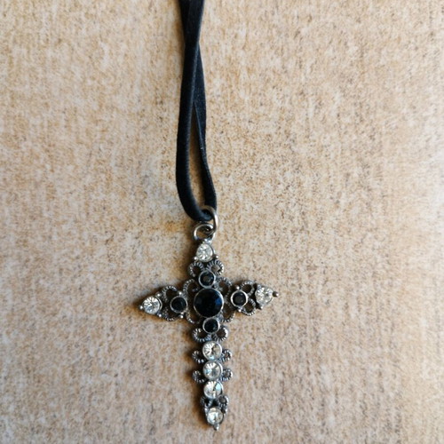 Carved vintage cross with rhinestones used and velvet strap