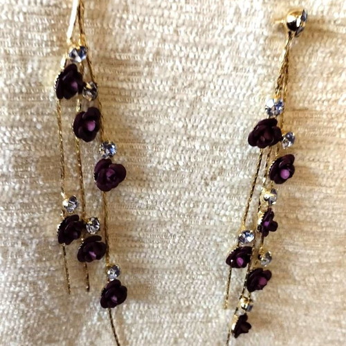 Fashion earrings with rose petals and rhinestones new, purple and gold