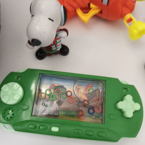 Various toys used, bubble bottle empty