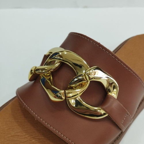 Leather sandals new, beige and brown, size 39, gold decoration