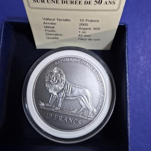 Silver 10 Francs Congo Coin new with 50-Year Calendar