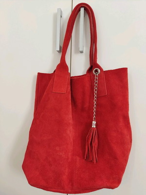 Red suede shoulder tote bag used with pouch