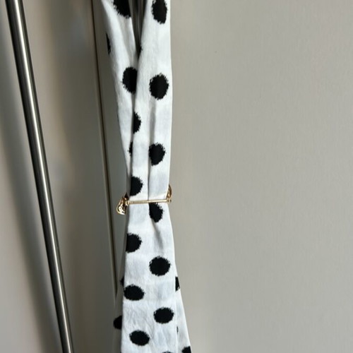 Black and white polka dot neck scarf with gold brooch