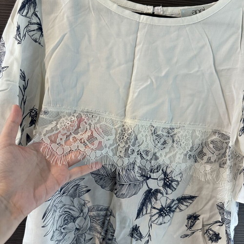 Anel white blouse with blue floral pattern and lace, size S