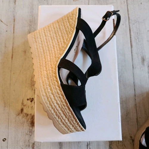 Stefania platform sandals black genuine leather with beige wedge and ankle strap