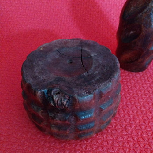 Rustic wooden decorations used, set ashtray and vase