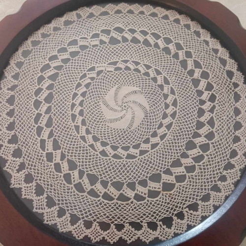 Wooden tray with handmade embroidery and brass handles like new