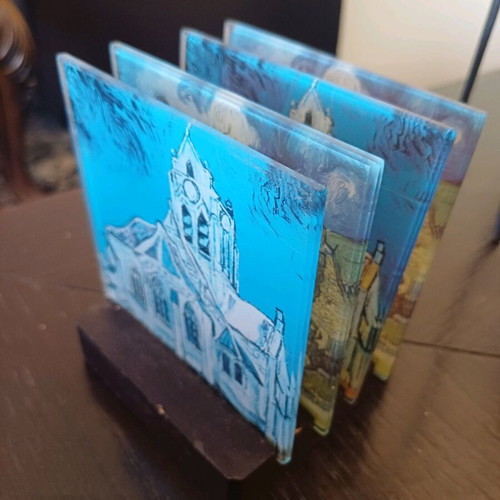 Set of 4 Vincent van Gogh Glass Coasters with Wooden Base – Collectible Art Coasters