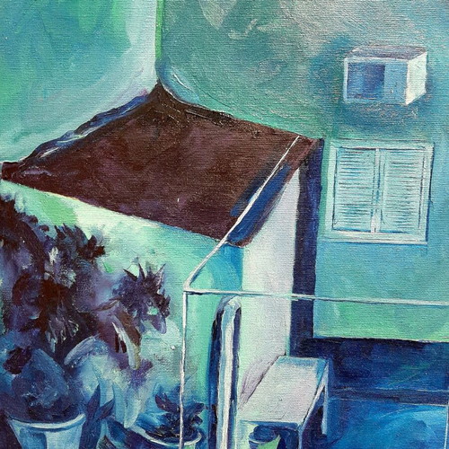 Oil painting urban landscape on canvas blue new