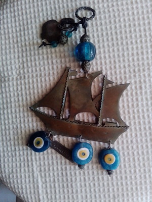 Traditional Greek handmade wall decoration ship with evil eye beads
