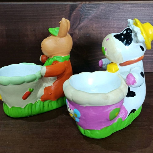 Ceramic children's egg holders rabbit and cow new, set of 2