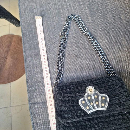 Handmade black knitted shoulder bag used with strass