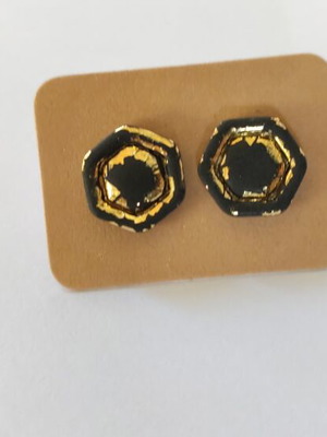 Handmade earrings polymer clay black and gold stud new
