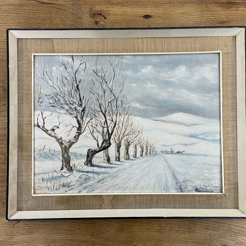 Oil painting used snowy landscape with frame and linen mat