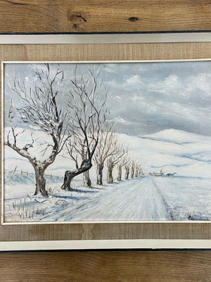 Oil painting used snowy landscape with frame and linen mat