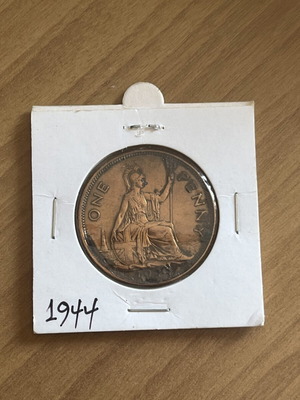 Copper One Penny 1944 coin used, United Kingdom, George VI