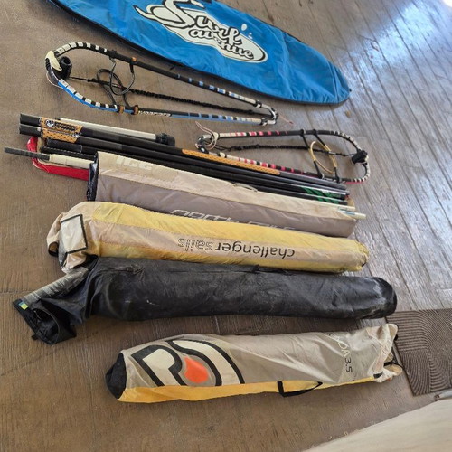 Windsurfing full set with board, sails, masts, booms, and accessories