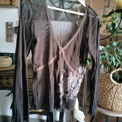 Brown transparent blouse with long sleeves, elastic