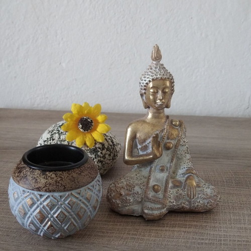 Feng Shui Sitting Buddha Statue used, resin, gold and white
