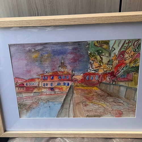 Original watercolor painting Tryavna, framed with passepartout, 30x40 cm