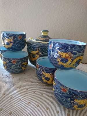 Chinese Porcelain Tea Set like new with Double-Walled Cups