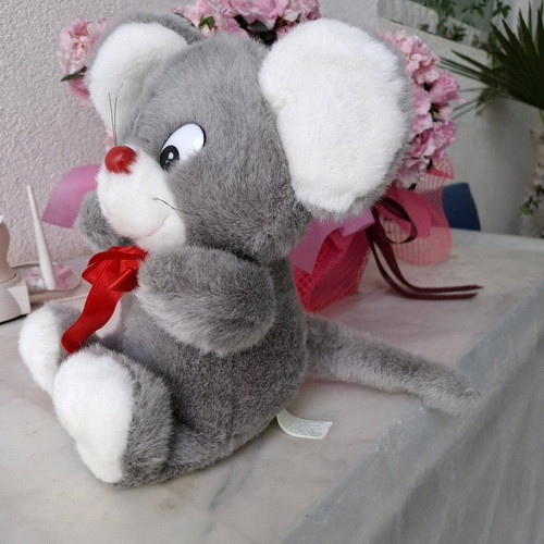 Stuffed gray mouse toy with red bow new