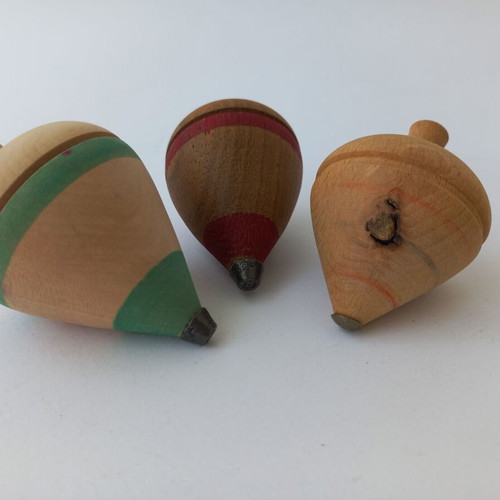 Set of 3 old wooden spinning tops like new