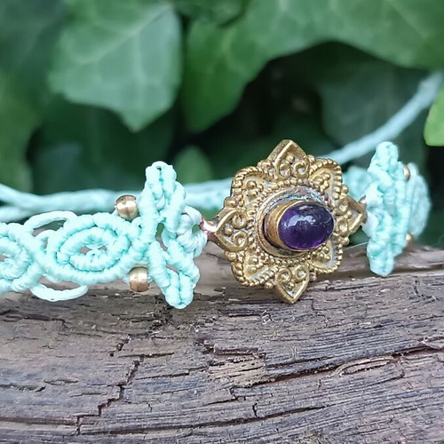 Macrame amethyst bracelet with adjustable brass charm