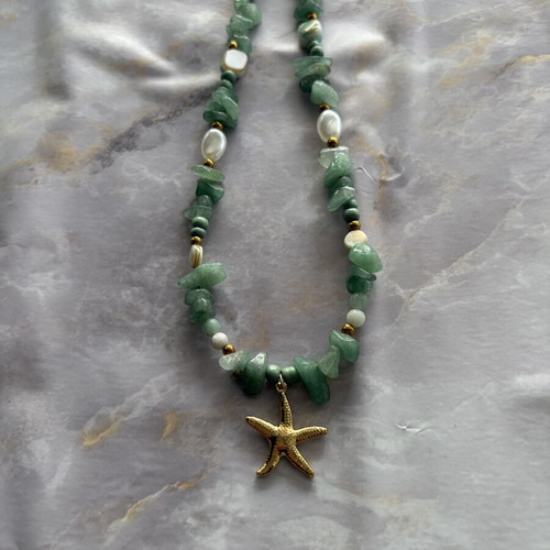 Starfish necklace with stone and steel like new, green