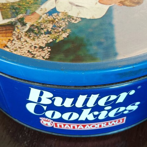 Papadopoulou butter cookies tin used, large metal round box