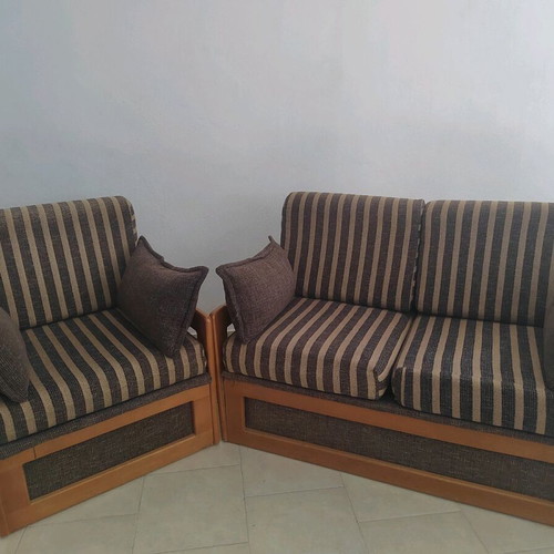 Living room set used two-seater sofa with storage and striped corduroy armchair