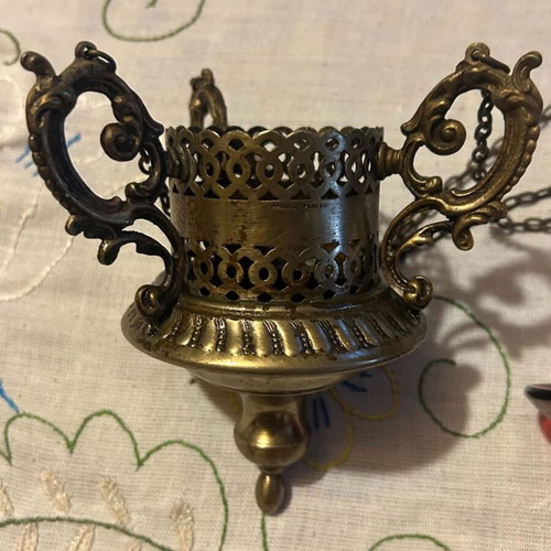 Old Silver-Plated Russian Candle Holder with Red Glass Used