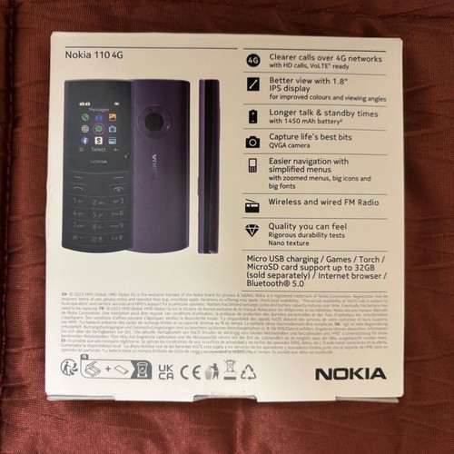 Nokia 110 4G purple mobile phone like new, sealed packaging