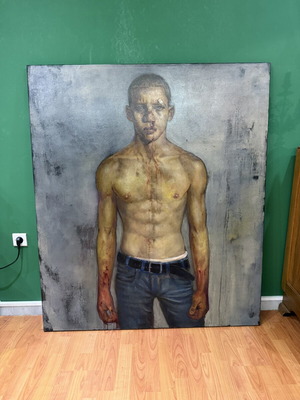 M. Tsakountis painting 'Wounded Boy' with triple frame
