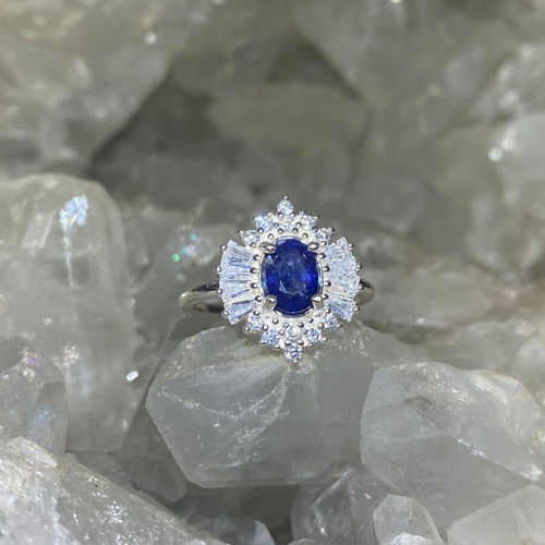 Handmade silver ring with natural blue sapphire and moissanites, new