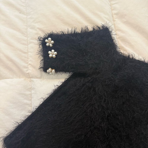 Fluffy black blouse like new with floral pearls, one sleeve, small medium