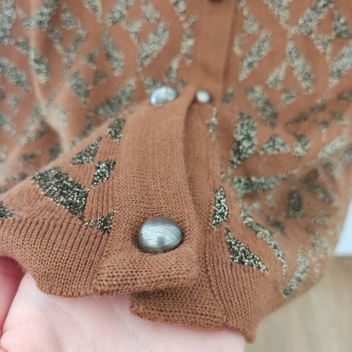 Vintage wool cardigan sweater used, brown with gold thread