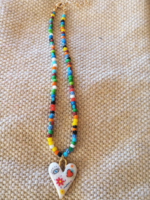 Boho colorful summer necklace with heart pendant new