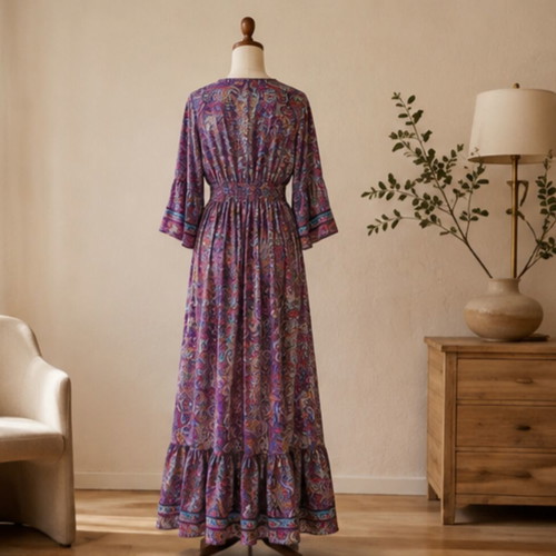 Silk Boho Maxi Dress M Dimond Milano, new, purple paisley