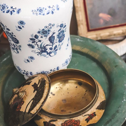Vintage brass decorative bowl with lid used, handmade