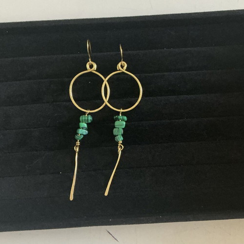 Handmade earrings with malachite chips, brass, custom order