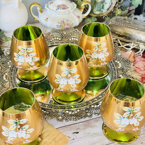 Vintage set of 6 green crystal glasses with gold decoration