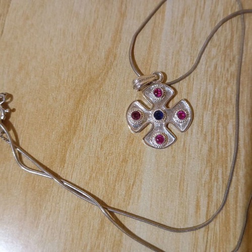 Silver cross and chain set 925, Byzantine style with red and blue stones
